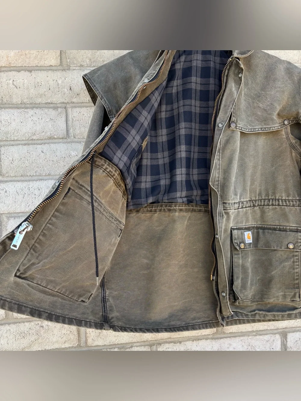 VINTAGE CARHARTT Brown DUSTER CHORE CAPE COAT JACKET Large Distressed Faded
